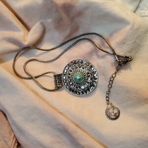 Crown Trifari Marcasite Look Pendant Necklace Turquoise Acryllic Cab Silvertone